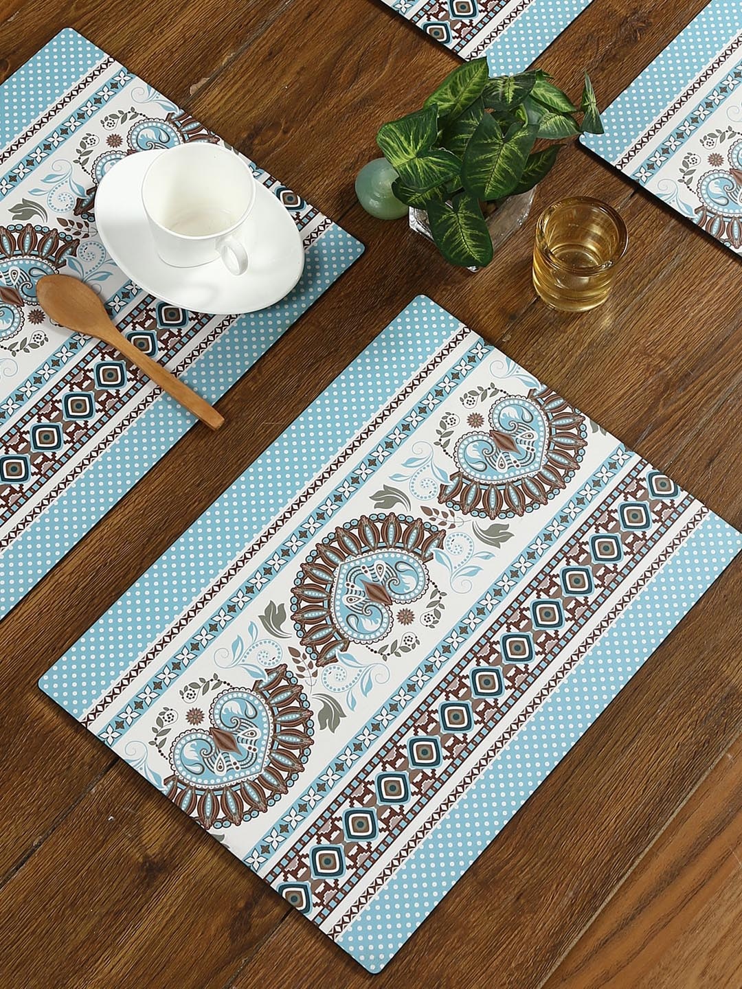 

Reinvention Factory Set of 6 Teal Blue & White Printed Wooden Dining Table Placemats