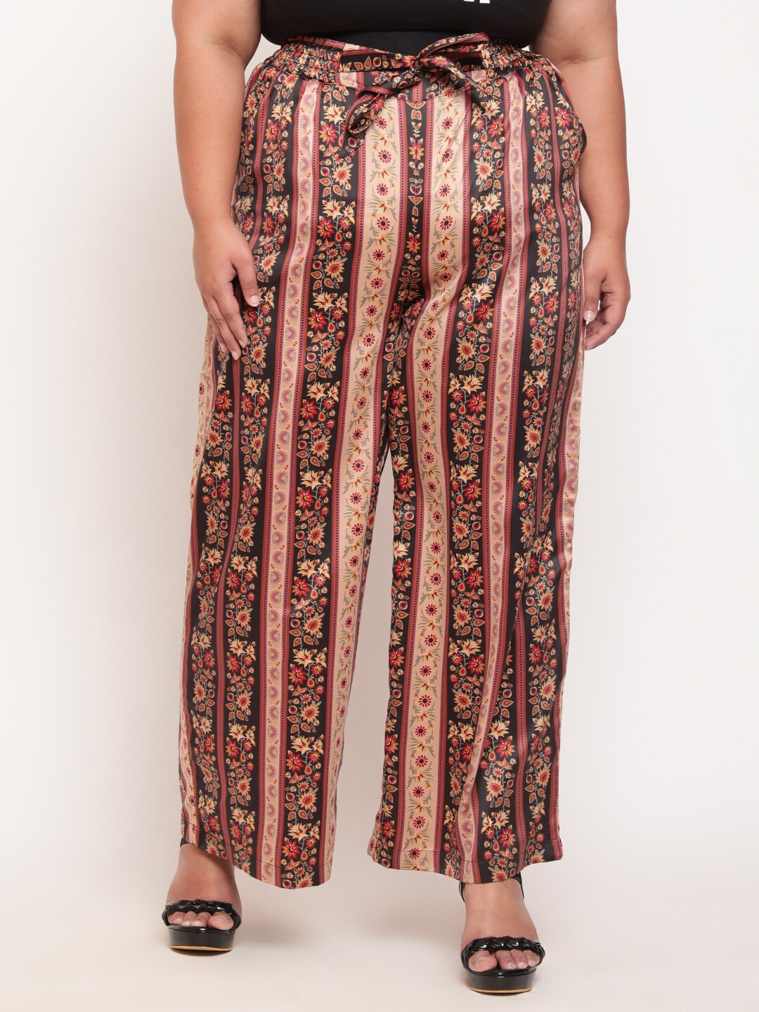 

Amydus Women Plus Size Beige Floral Printed High-Rise Trouser