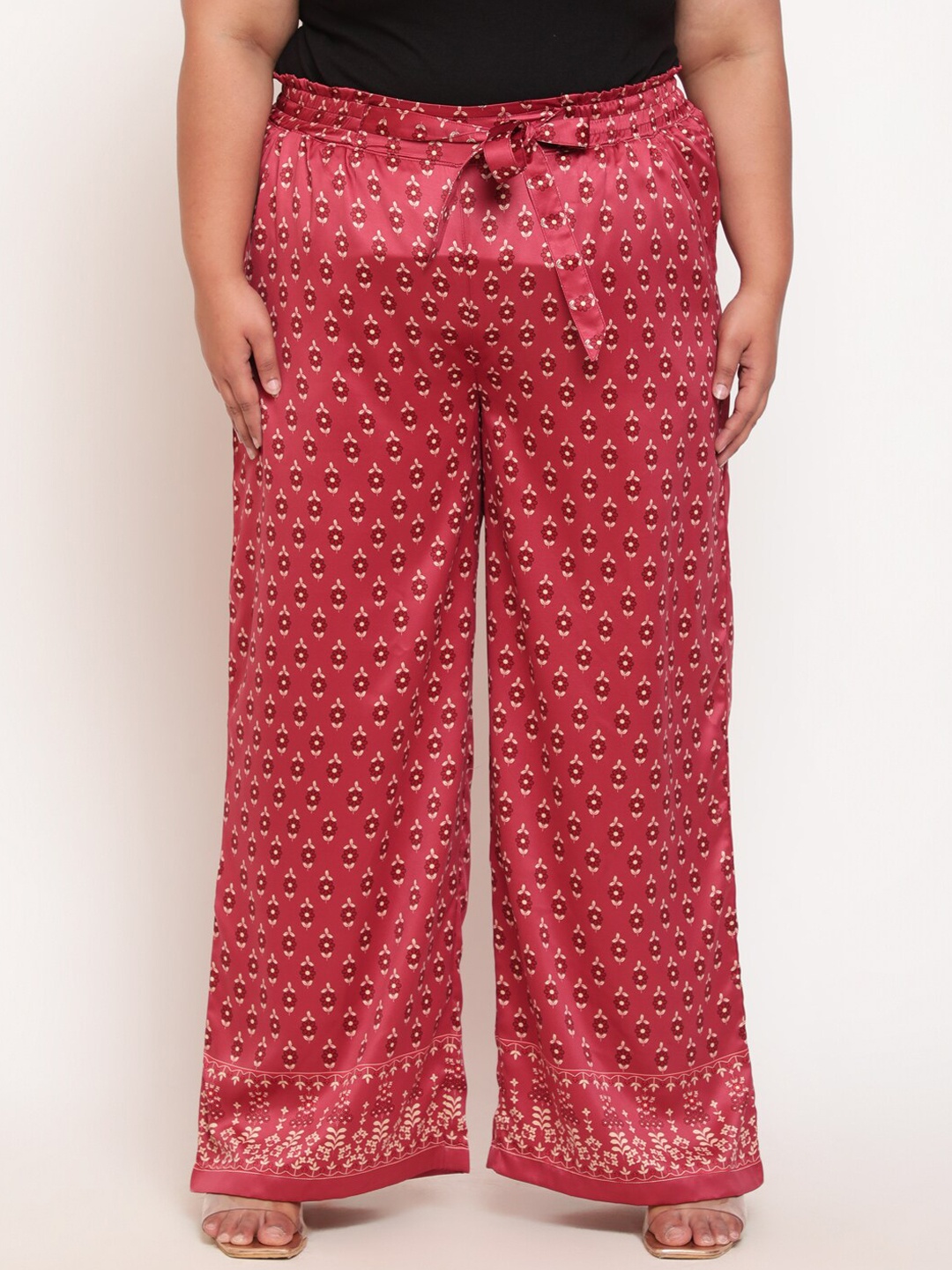 

Amydus Women Plus Size Satin Floral Printed High-Rise Trouser, Red