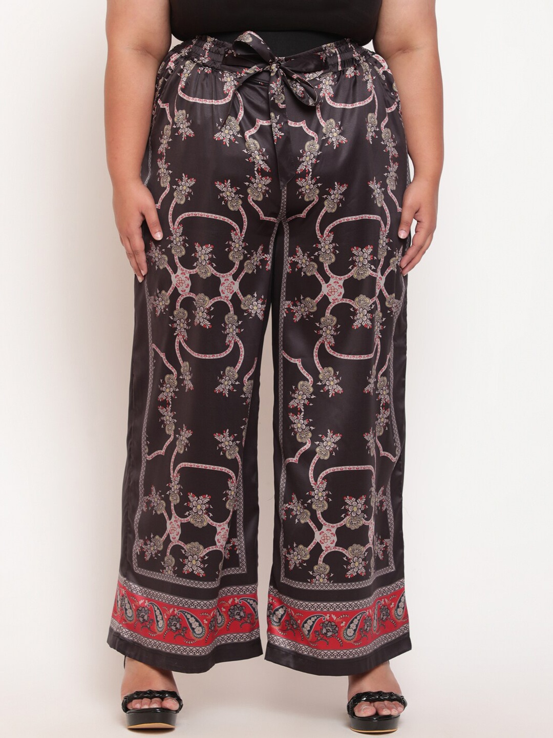 

Amydus Women Plus Size Satin Ethnic Motifs Printed High-Rise Trouser, Black