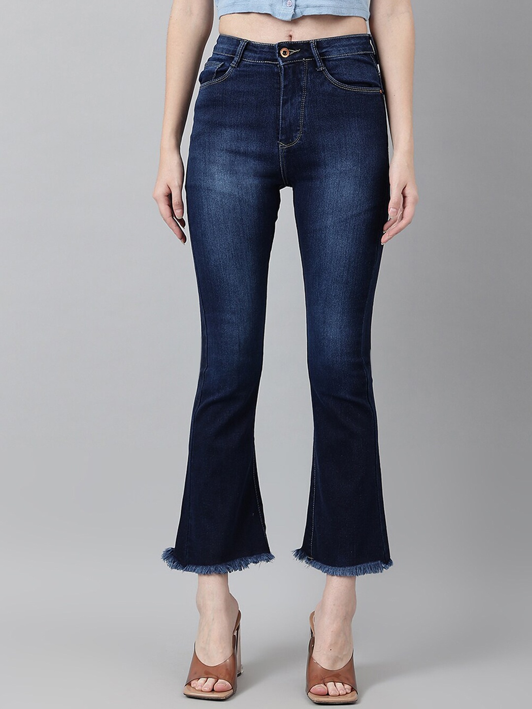 

Code 61 Women Navy Blue Flared High-Rise Light Fade Stretchable Jeans