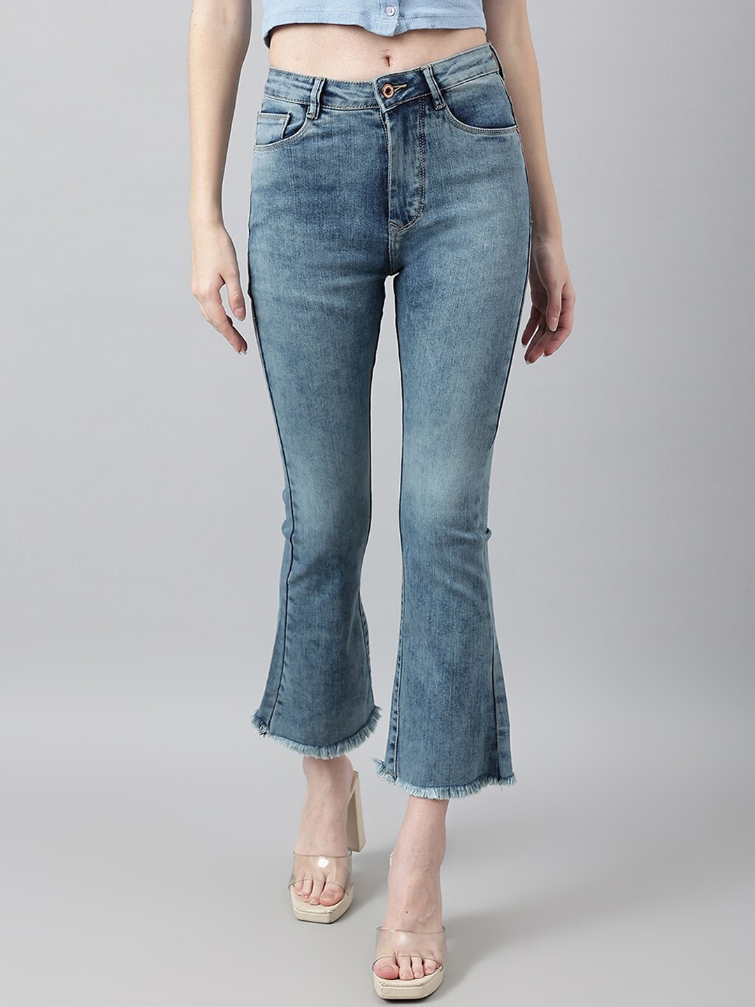 

Code 61 Women Blue Flared High-Rise Highly Distressed Light Fade Acid Wash Stretchable Jeans