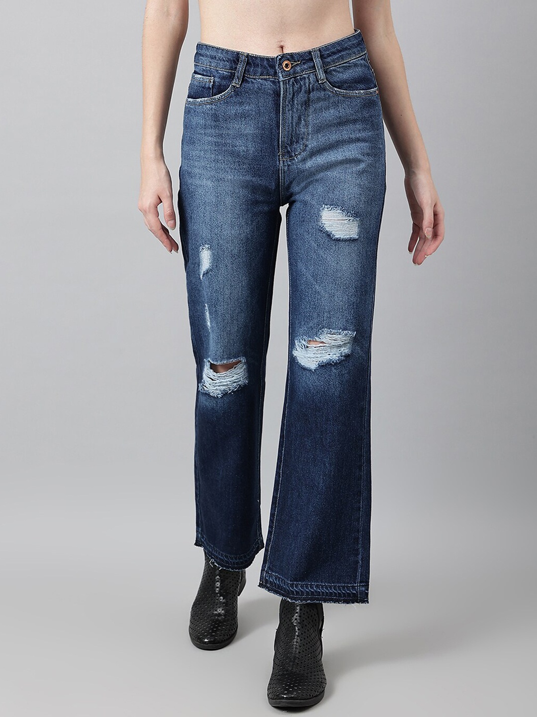 

Code 61 Women Blue Wide Leg High-Rise Mildly Distressed Heavy Fade Jeans