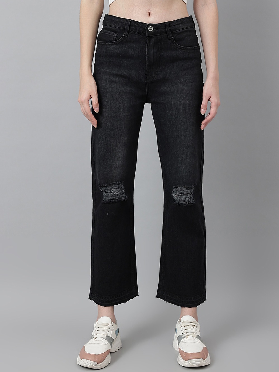 

Code 61 Women Charcoal Wide Leg High-Rise Mildly Distressed Light Fade Jeans