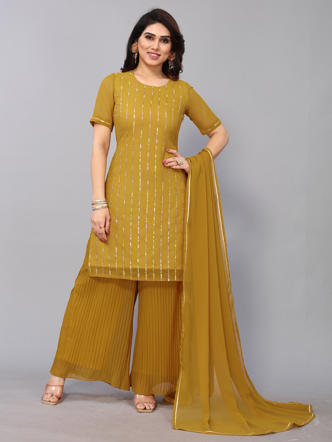

SKYLEE Women Mustard Yellow Striped Kurta with Palazzos & With Dupatta