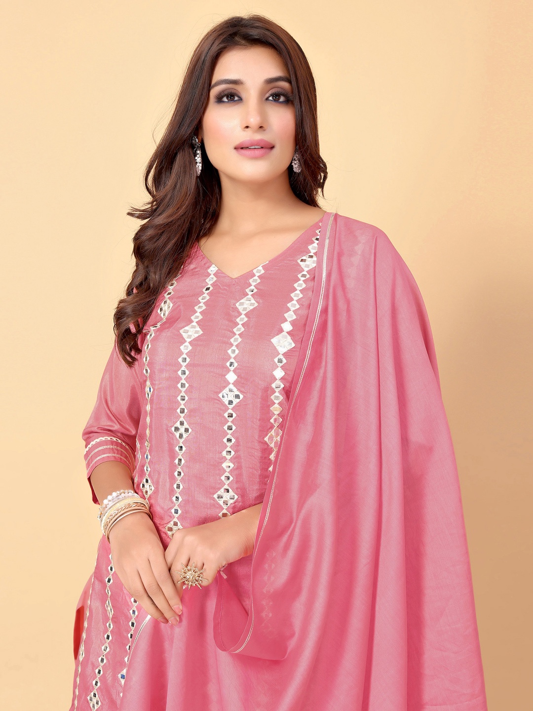 

SKYLEE Women Pink Ethnic Motifs Embroidered Mirror Work Kurta with Sharara & Dupatta