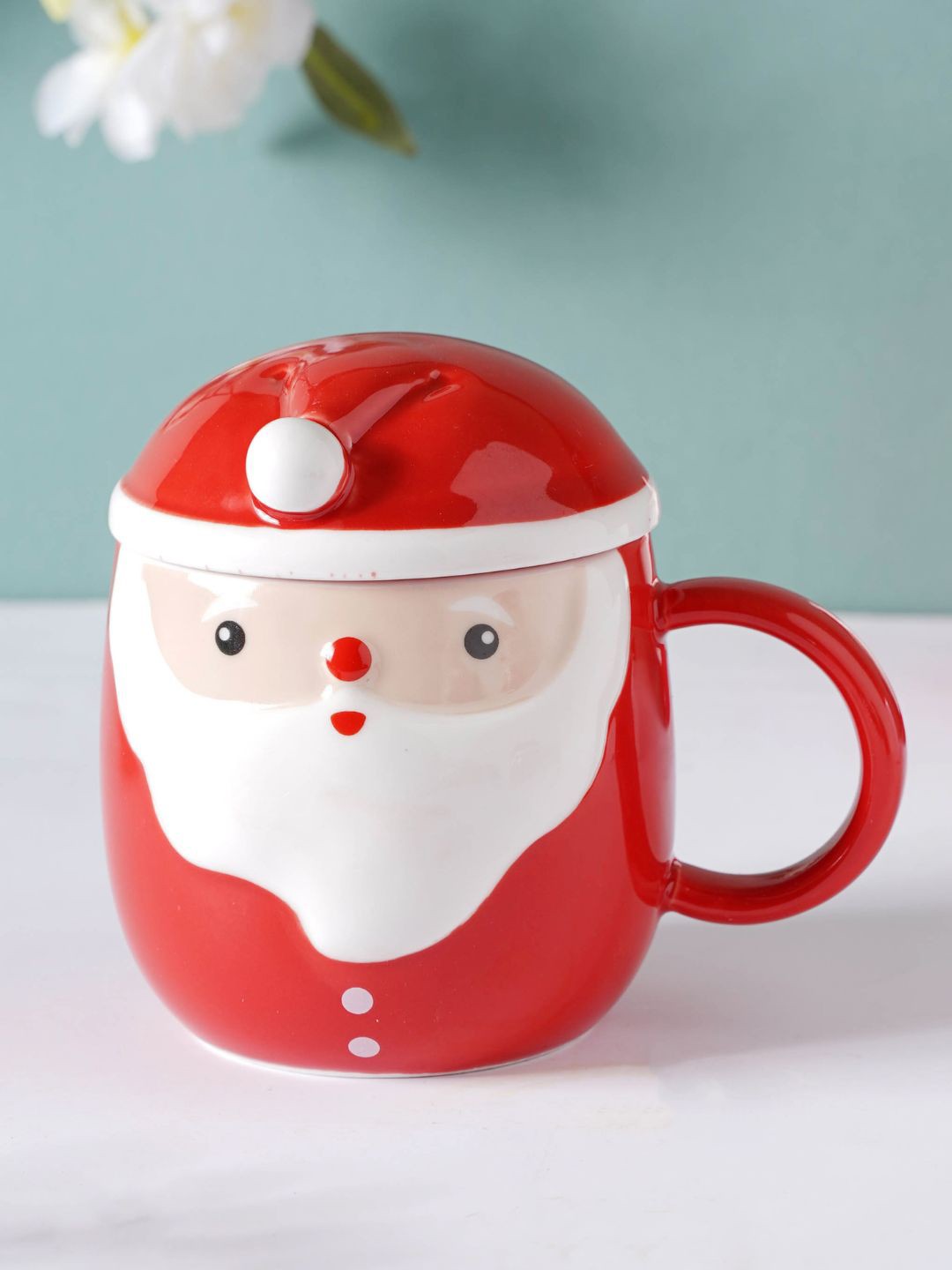 

Nestasia Red & White Microwave Safe Printed Ceramic Glossy Cup With Lid 350 ml