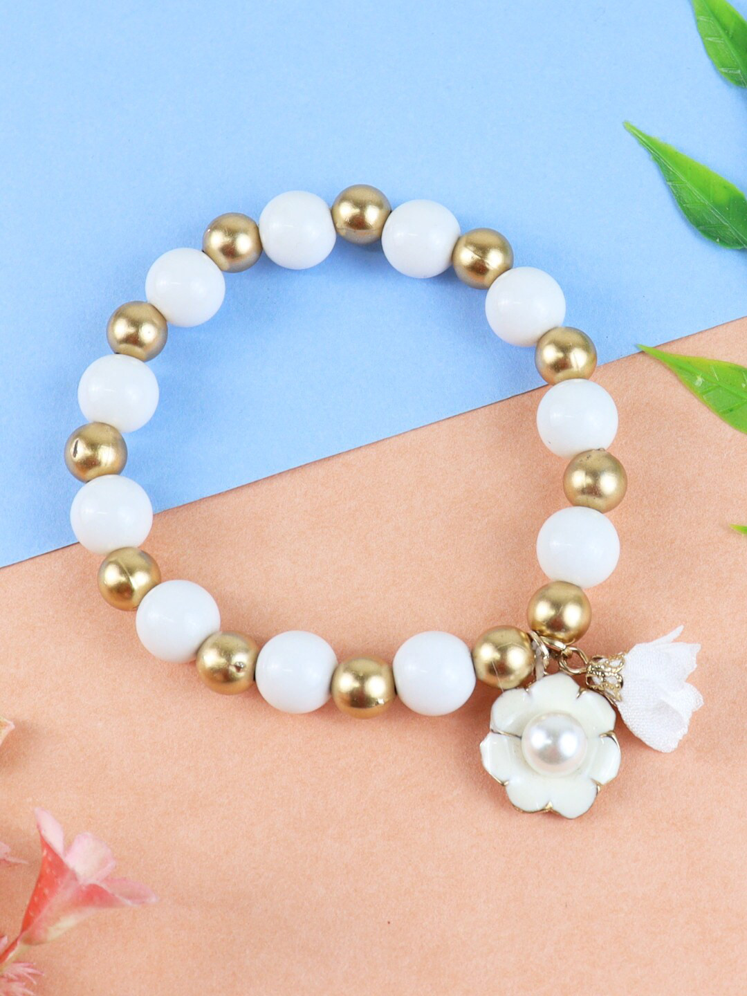 

Asthetika Kids Girls White & Gold-Toned Artificial Beads Floral Charm Bracelet