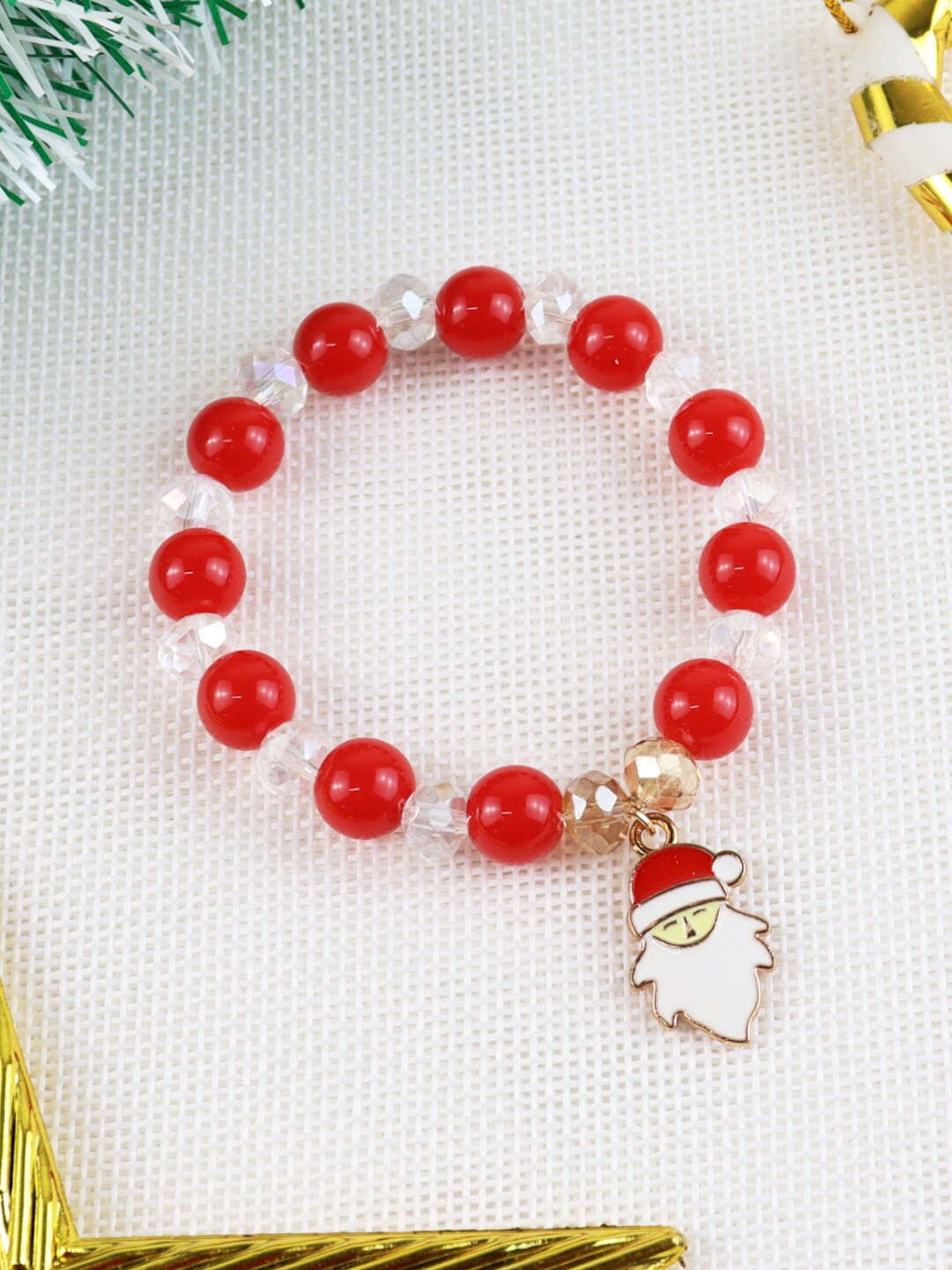 

asthetika Kids Girls Red & White Christmas Santa Claus Beaded Bracelet