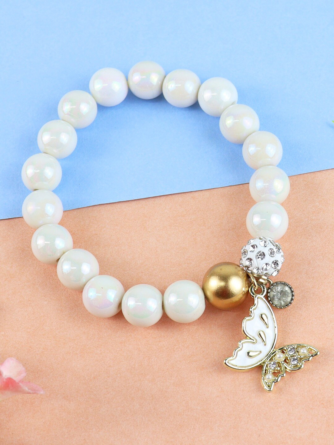 

Asthetika Kids Girls White & Gold Butterfly Charm Beaded Bracelet