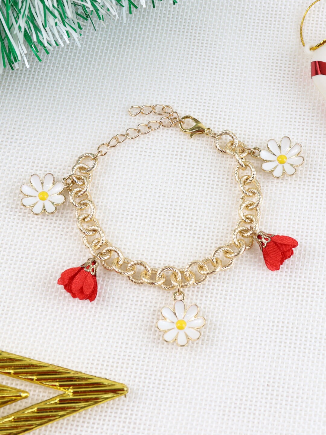 

Asthetika Kids Girls Red & White Floral Charms Link Bracelet