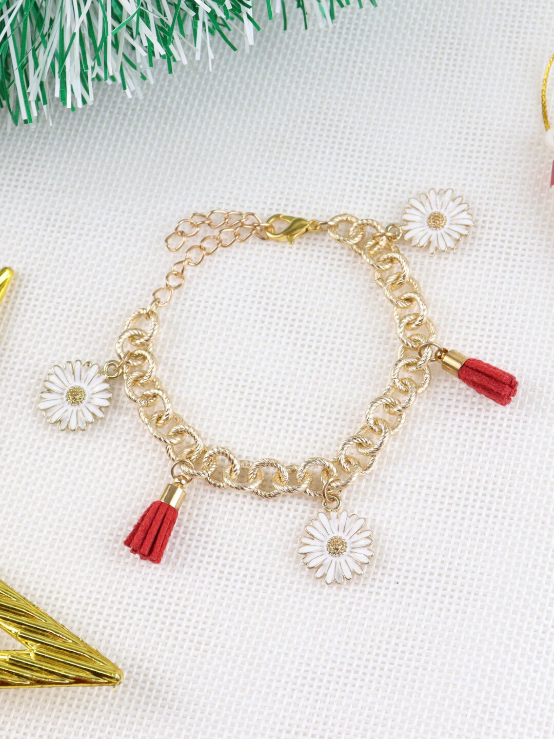 

Asthetika Kids Girls Red & White Floral Charms Link Bracelet