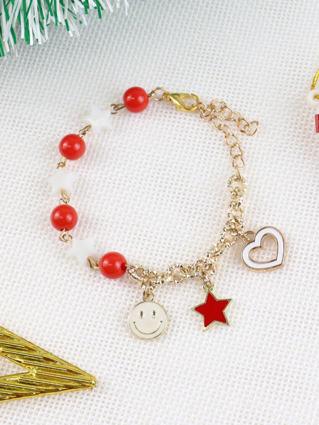 

asthetika Kids Girls Red & White Smiley Star Chain Beaded Link Bracelet