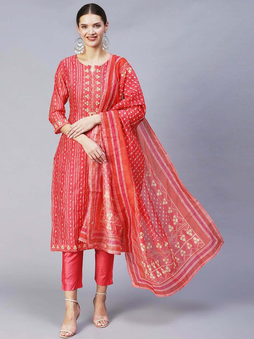 

FASHOR Women Red Ethnic Motifs Printed Chanderi Silk Kurta with Trousers & With Dupatta