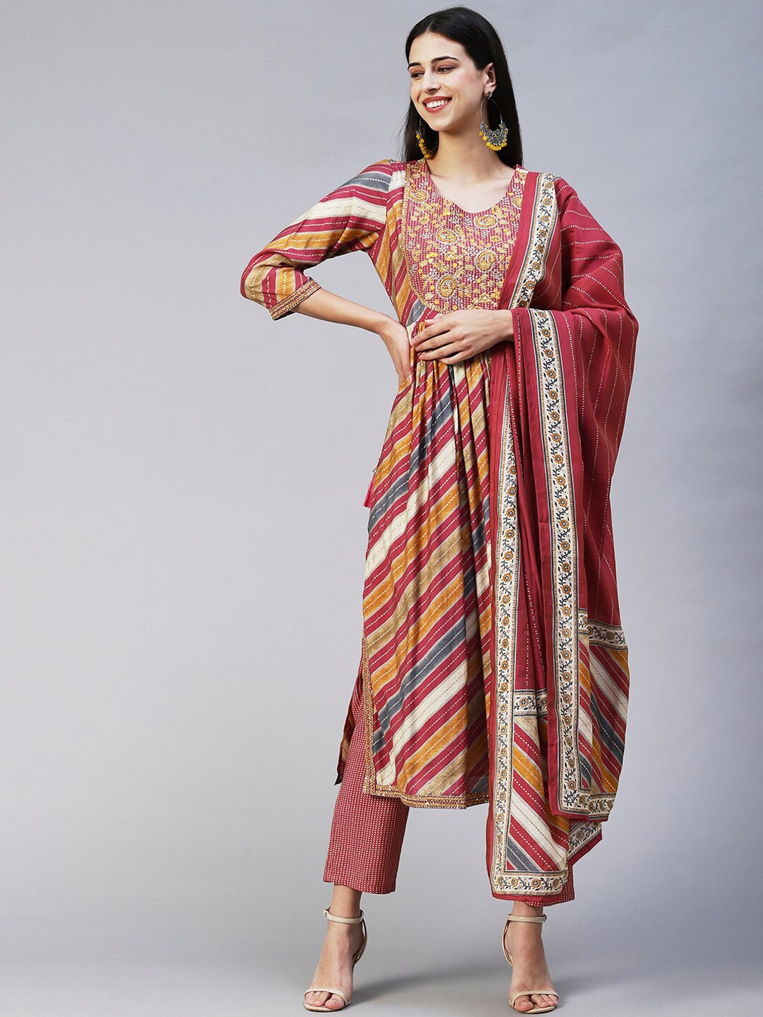 

FASHOR Women Maroon Ethnic Motifs Thread Work Kurta with Trousers & With Dupatta