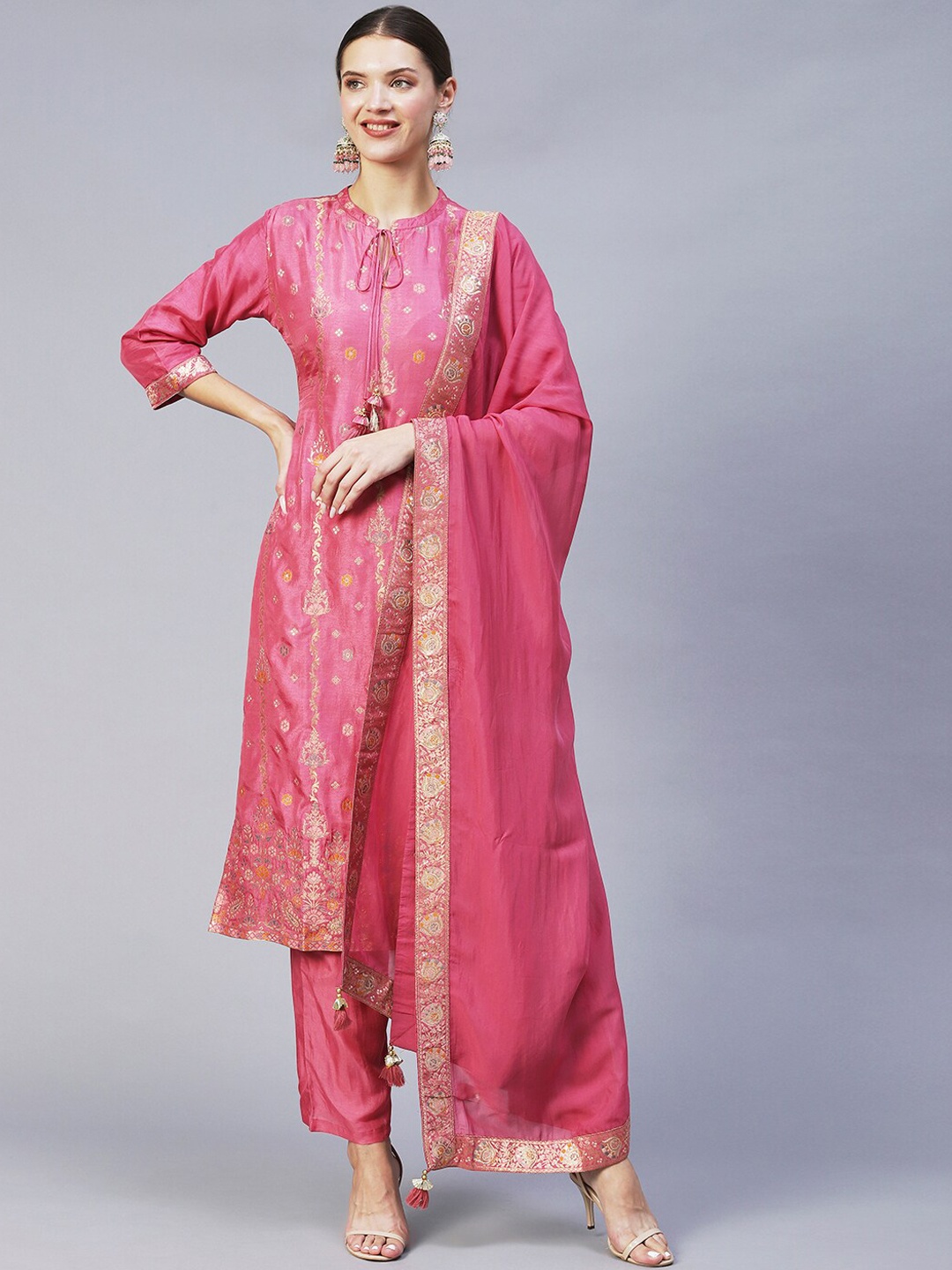 

FASHOR Women Pink Ethnic Motifs Kurta with Trousers & With Dupatta