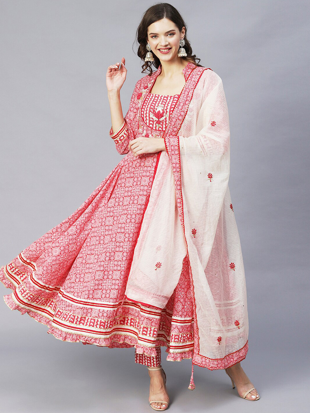 

FASHOR Women Pink Ethnic Motifs Printed Gotta Patti Pure Cotton Kurta with Trousers & With Dupatta