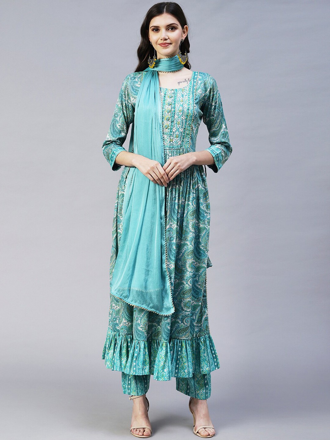 

FASHOR Women Turquoise Blue Ethnic Motifs Printed Pleated Kurta with Trousers With Dupatta