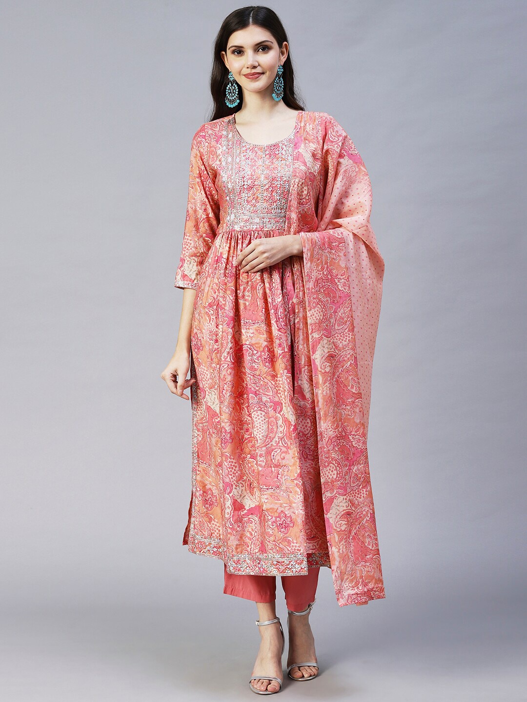 

FASHOR Women Pink Paisley Printed Pleated Kurta with Trousers & With Dupatta