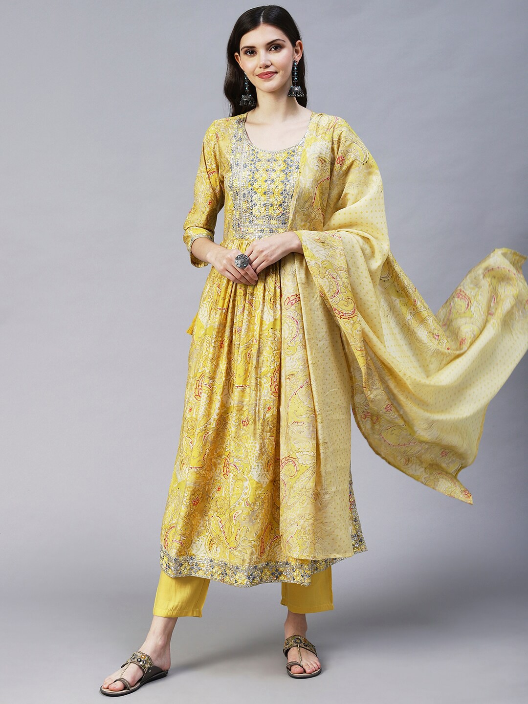 

FASHOR Women Yellow & Silver Embroidered A-Line Kurta with Trousers & With Dupatta