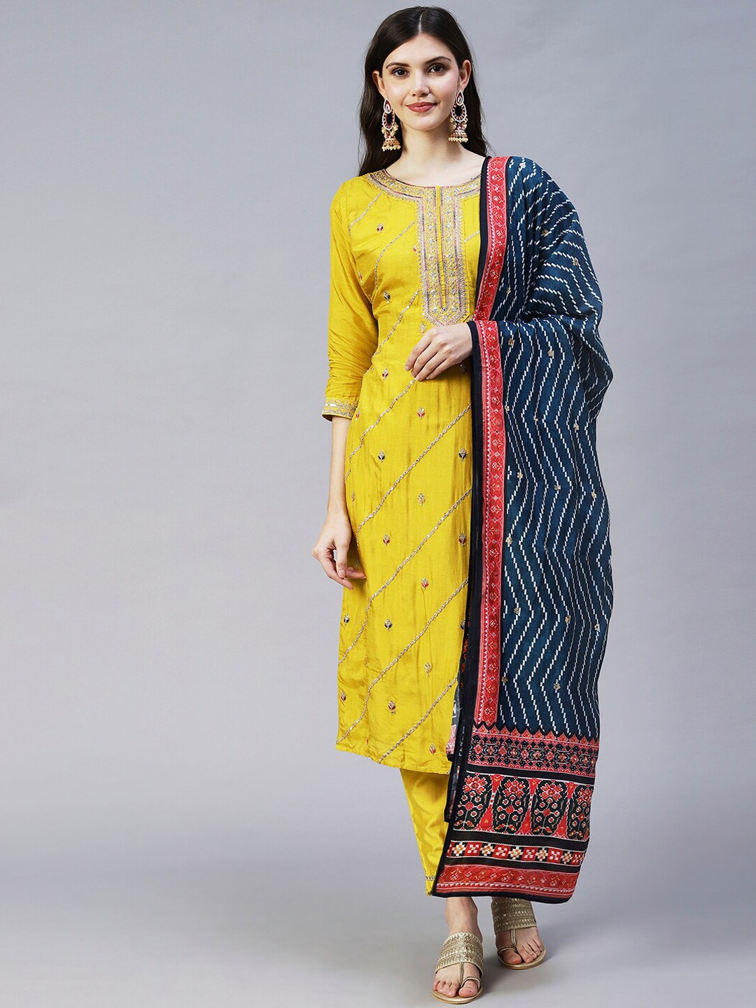 

FASHOR Women Ethnic Motifs Embroidered Sequinned Kurta with Trousers & Dupatta, Yellow