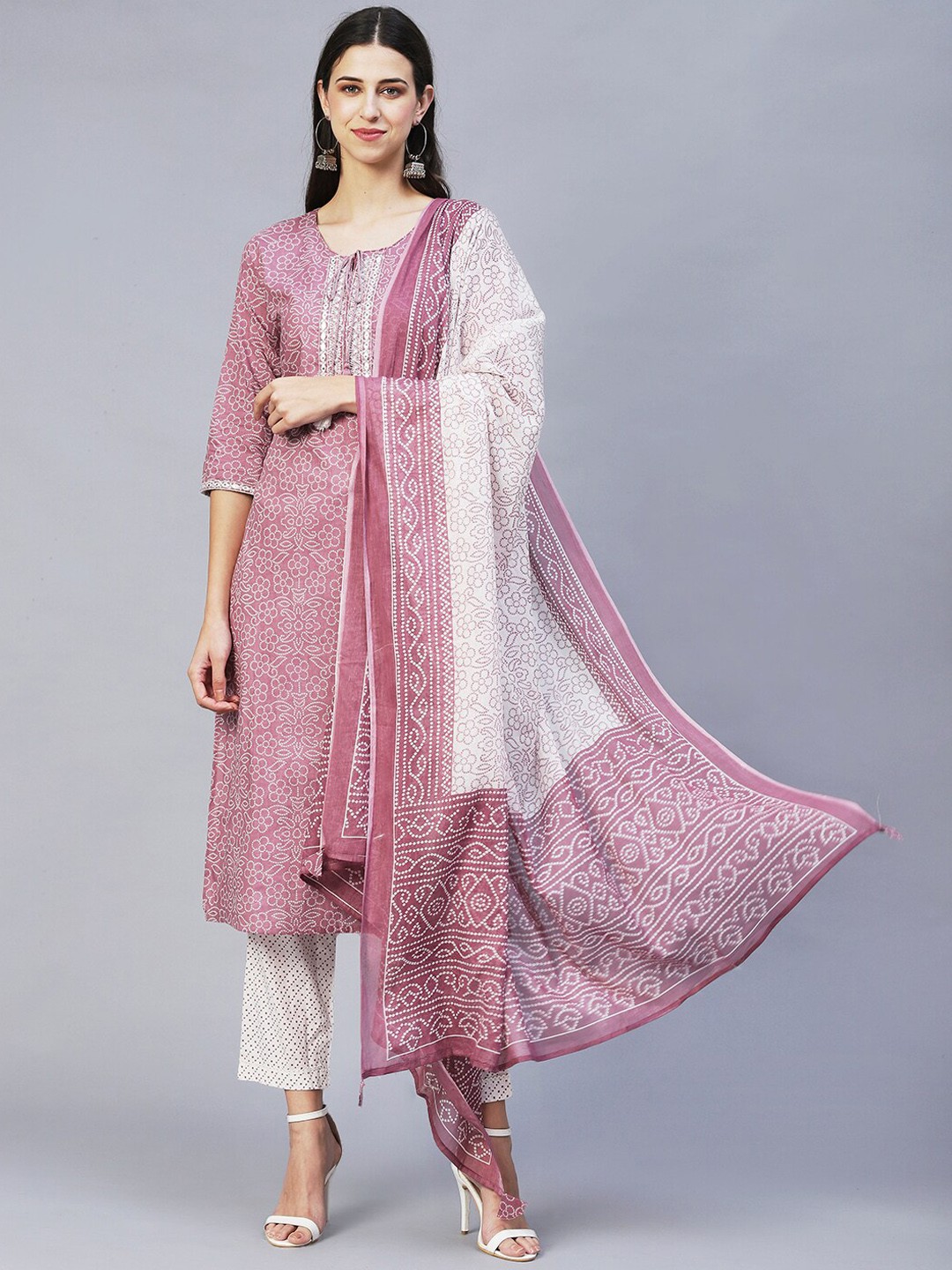 

FASHOR Women Purple Floral Printed Pure Cotton Kurta with Trouser & Dupatta