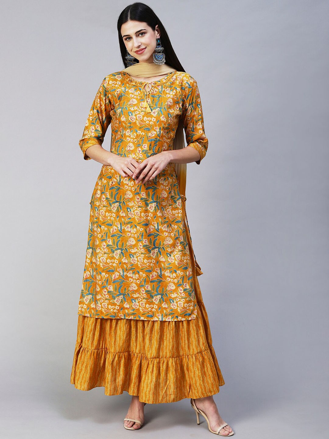 

FASHOR Women Mustard Yellow Floral Printed Kurta with Skirt & With Dupatta