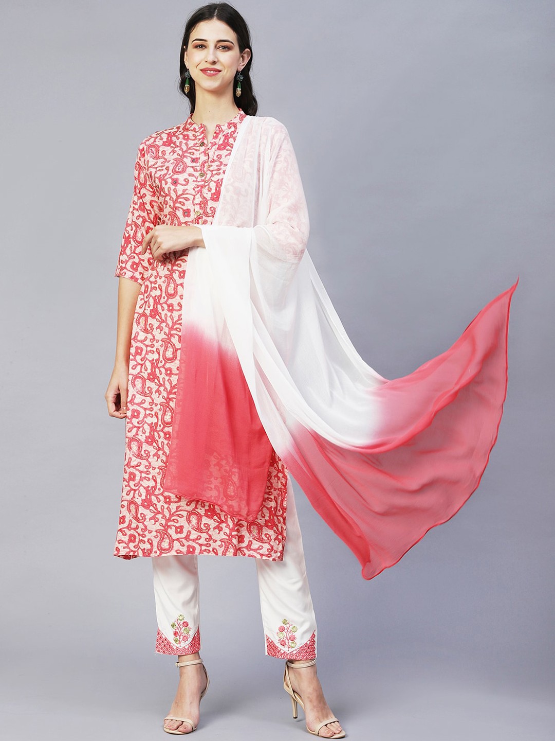

FASHOR Women Pink Ethnic Motifs Printed Beads and Stones Kurta with Trousers & With Dupatta