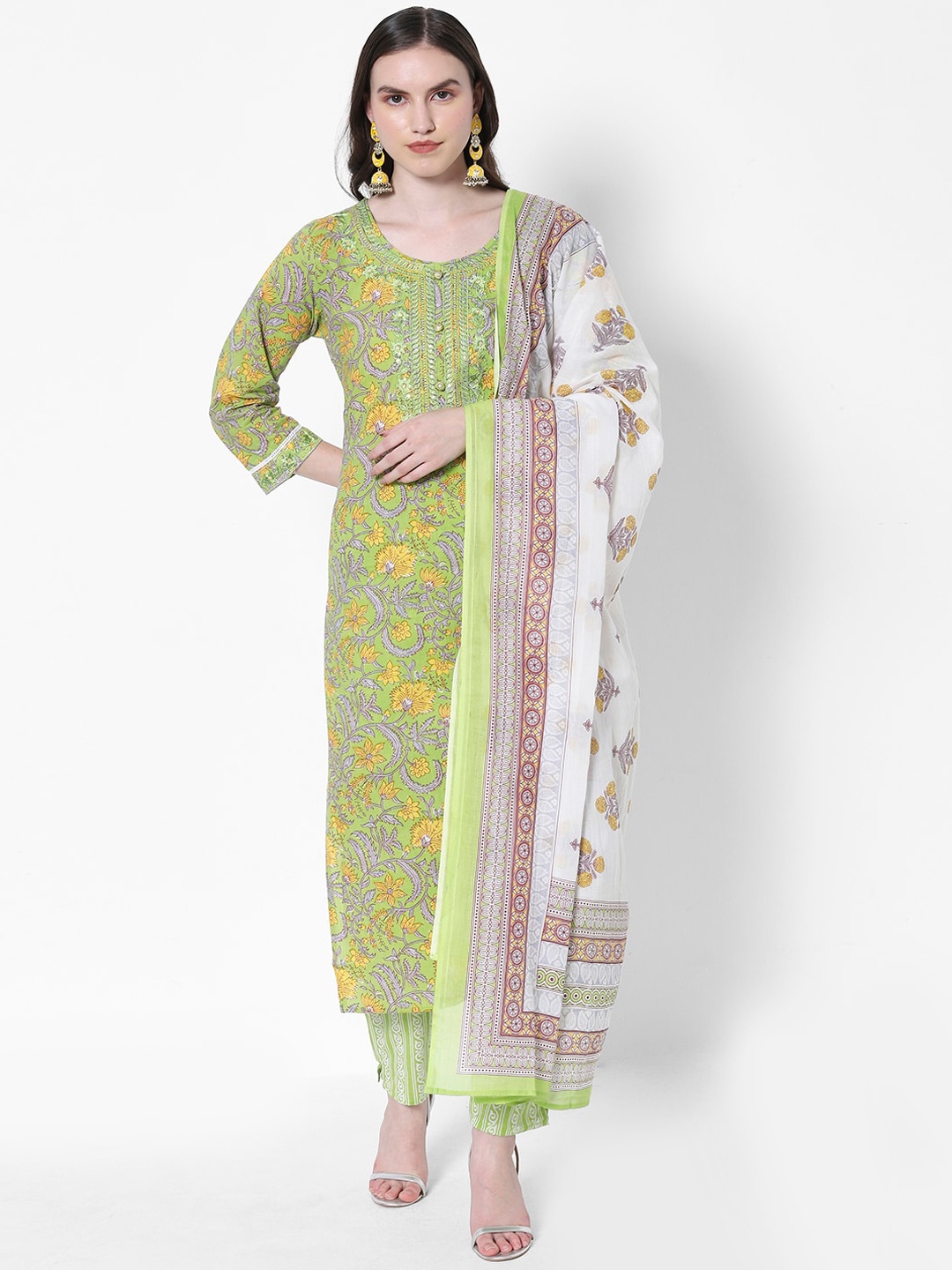 

HEEPOSH Women Green Floral Printed Pure Cotton Kurta with Trousers & With Dupatta