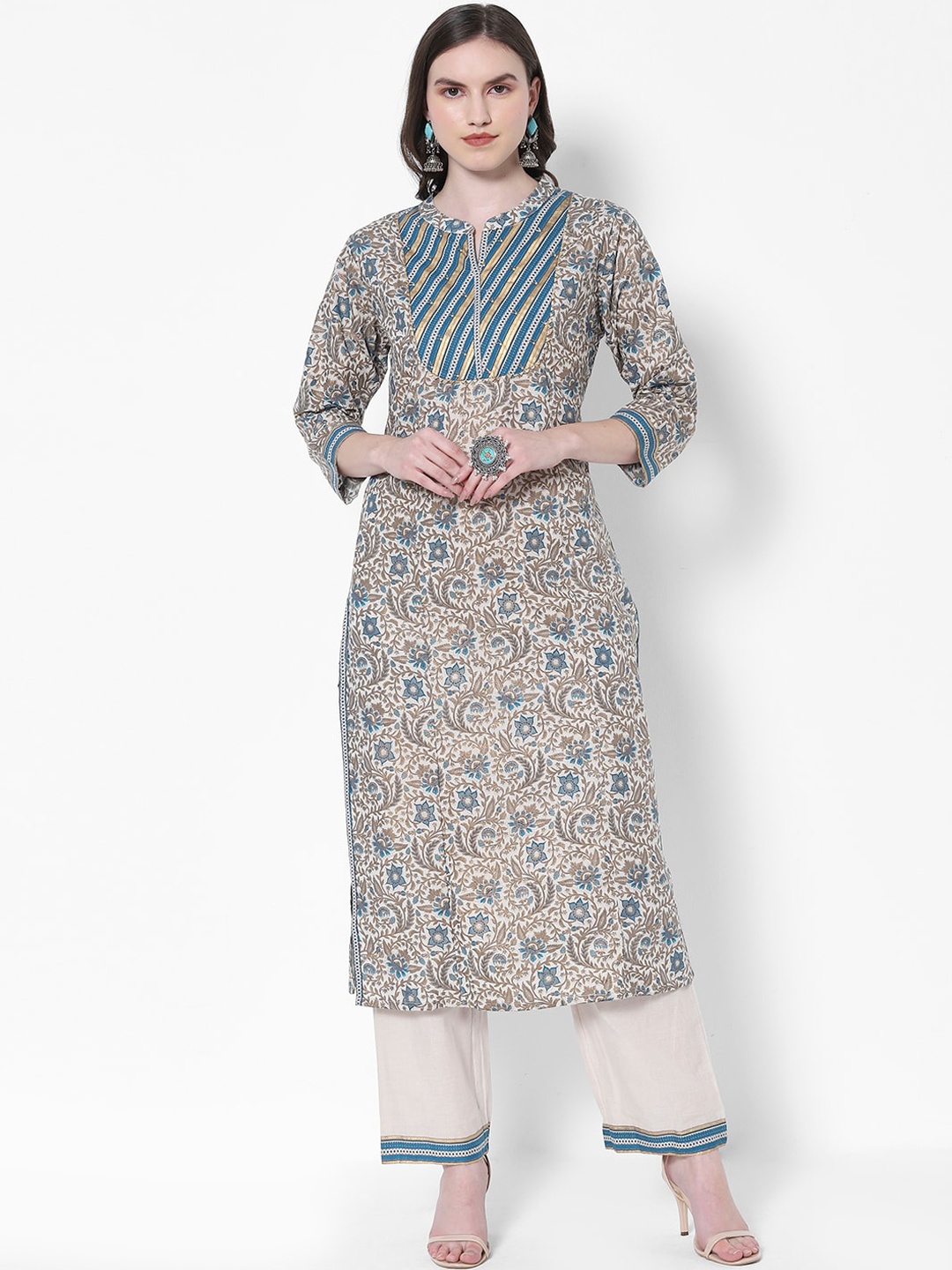 

HEEPOSH Women Beige Floral Printed Pure Cotton Kurta with Trousers
