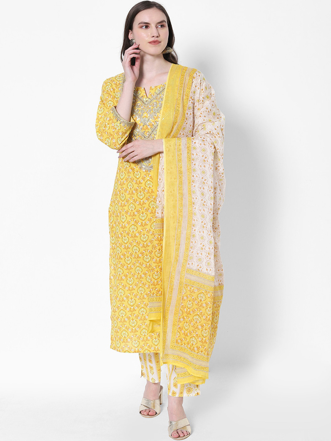 

HEEPOSH Women Yellow Floral Printed Aari Work Pure Cotton Kurta with Trousers & With Dupatta