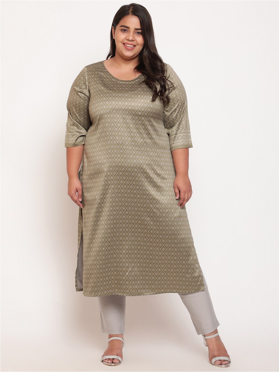 Amydus Women Plus Size Green Floral Printed Kurta
