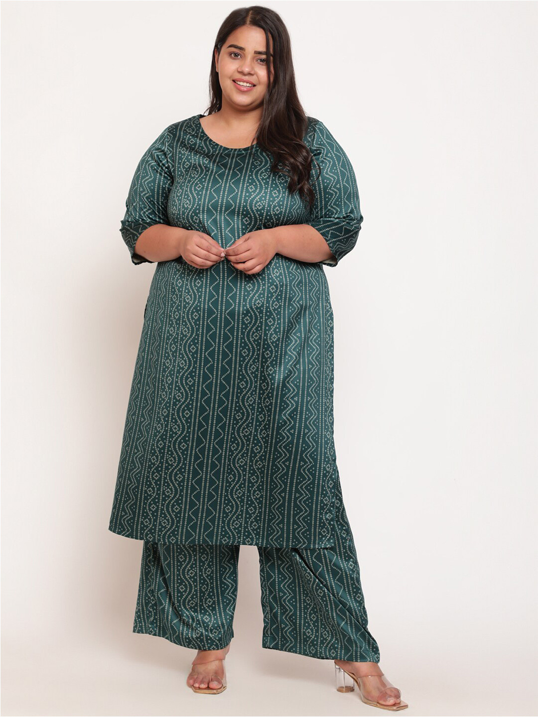 

Amydus Women Plus Size Green Bandhani Printed Kurta