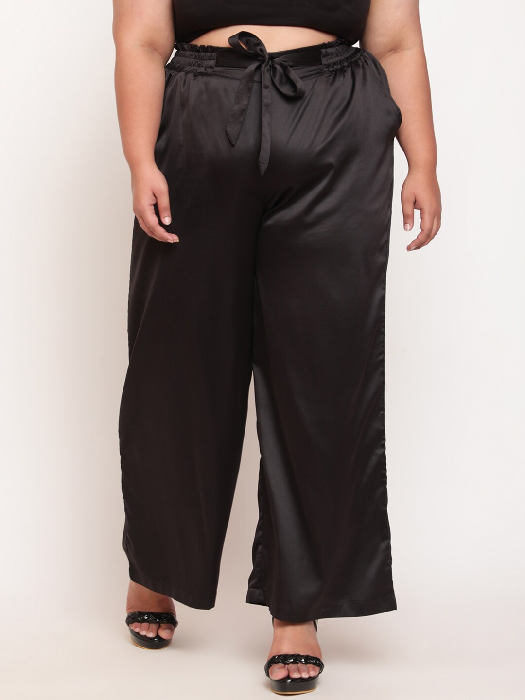 

Amydus Women Plus Size Black Solid Satin Palazzo