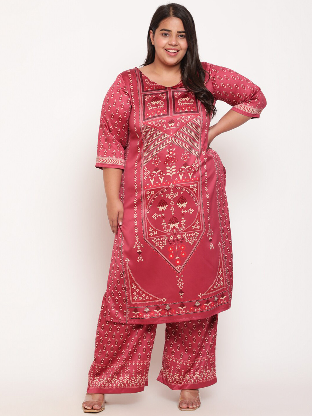 

Amydus Women Plus Size Red Ethnic Motifs Satin Printed Kurta