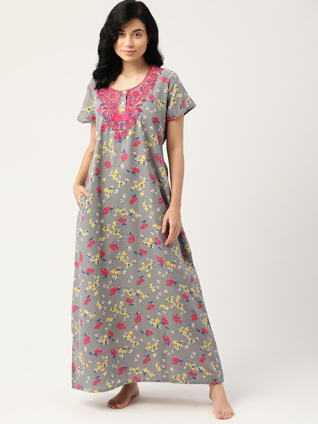 

ETC Women Grey & Pink Floral Printed Maxi Nightdress