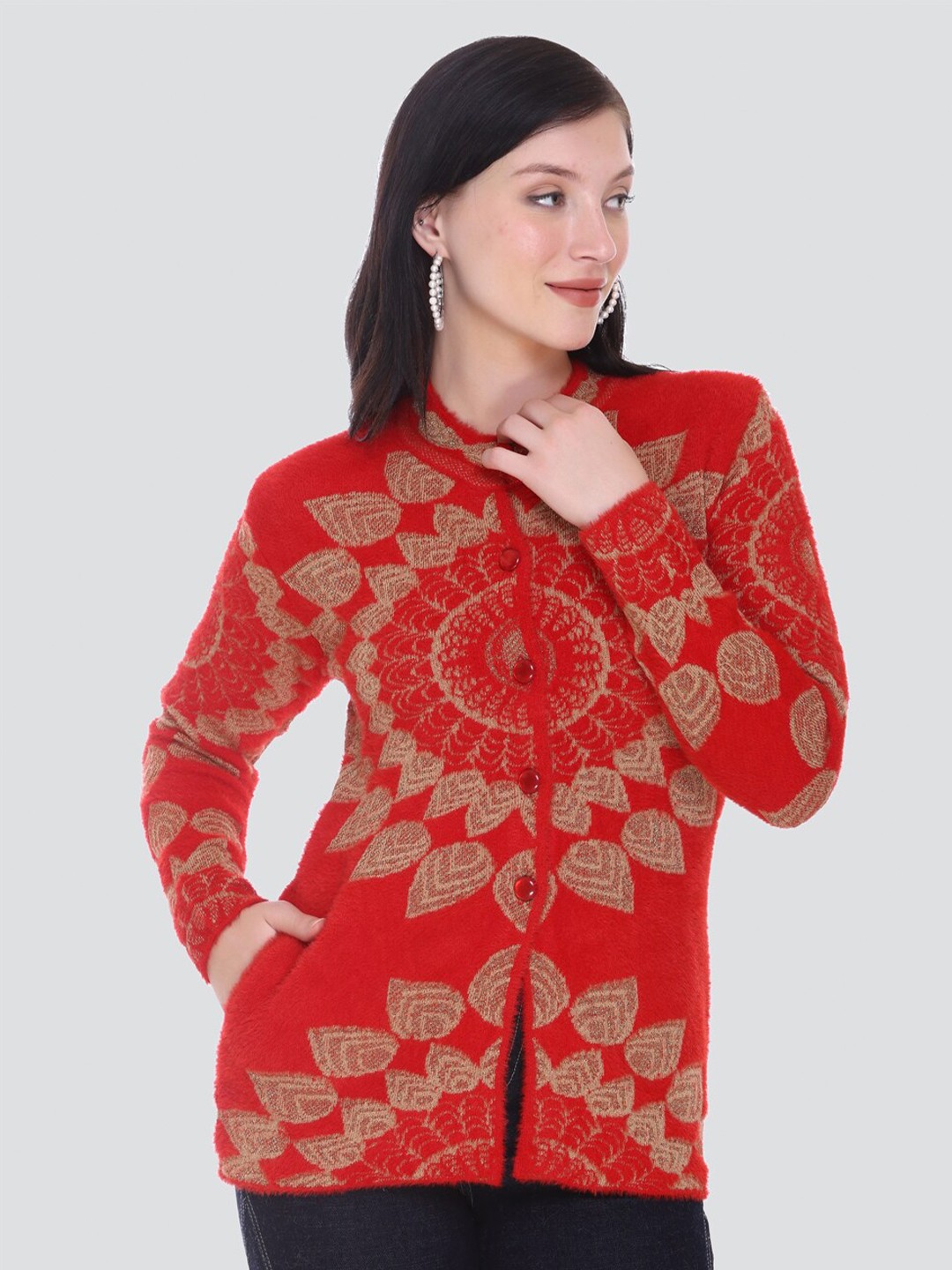 

Arshiya Women Red & Brown Ethnic Motifs Printed Cardigan