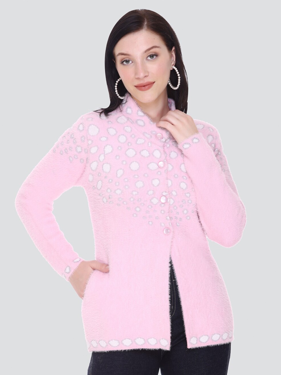 

Arshiya Women Pink & White Mock Collar Cardigan With Fuzzy Detail