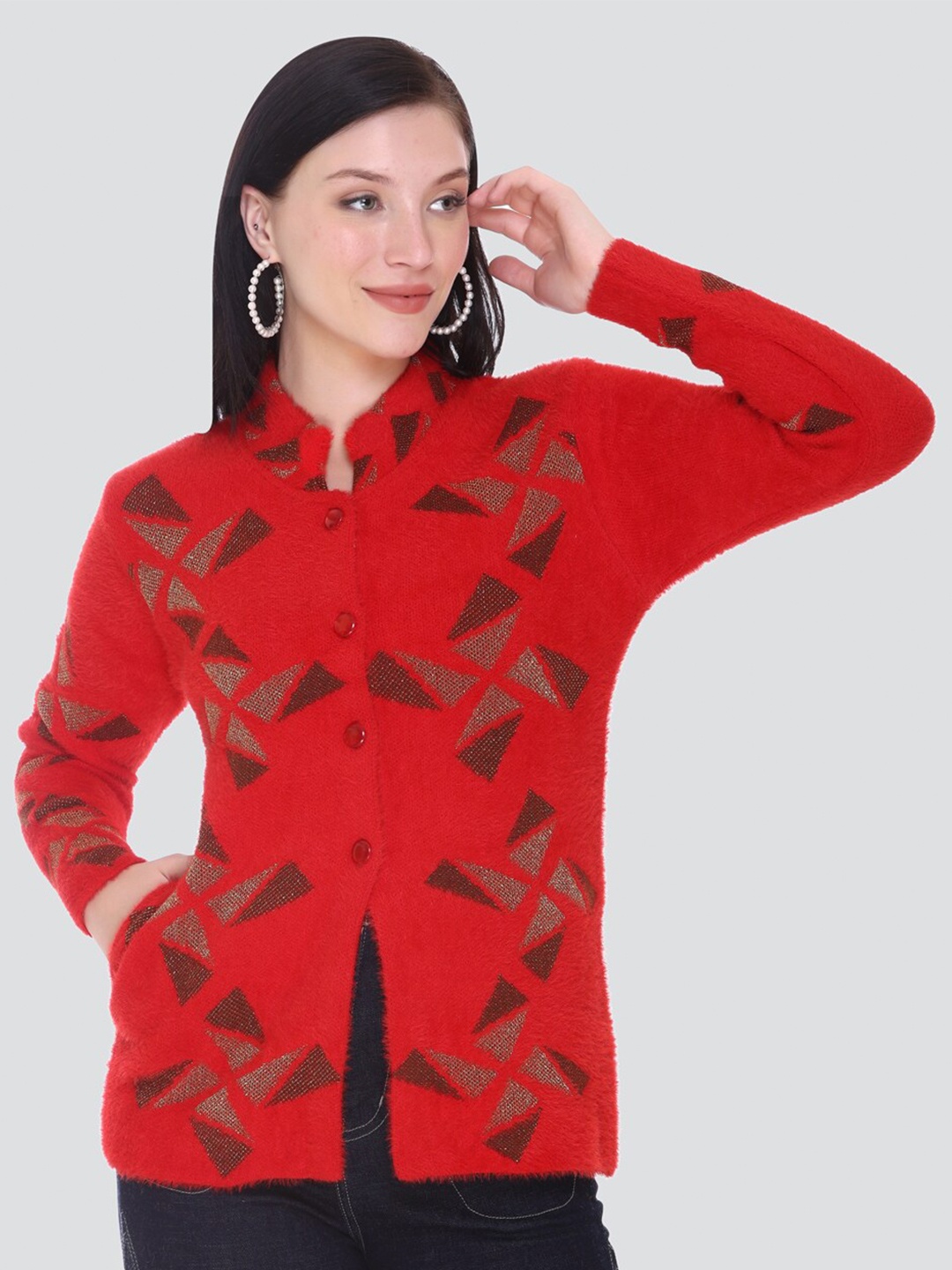 

Arshiya Women Red & Brown Open Front Cardigan With Fuzzy Detail