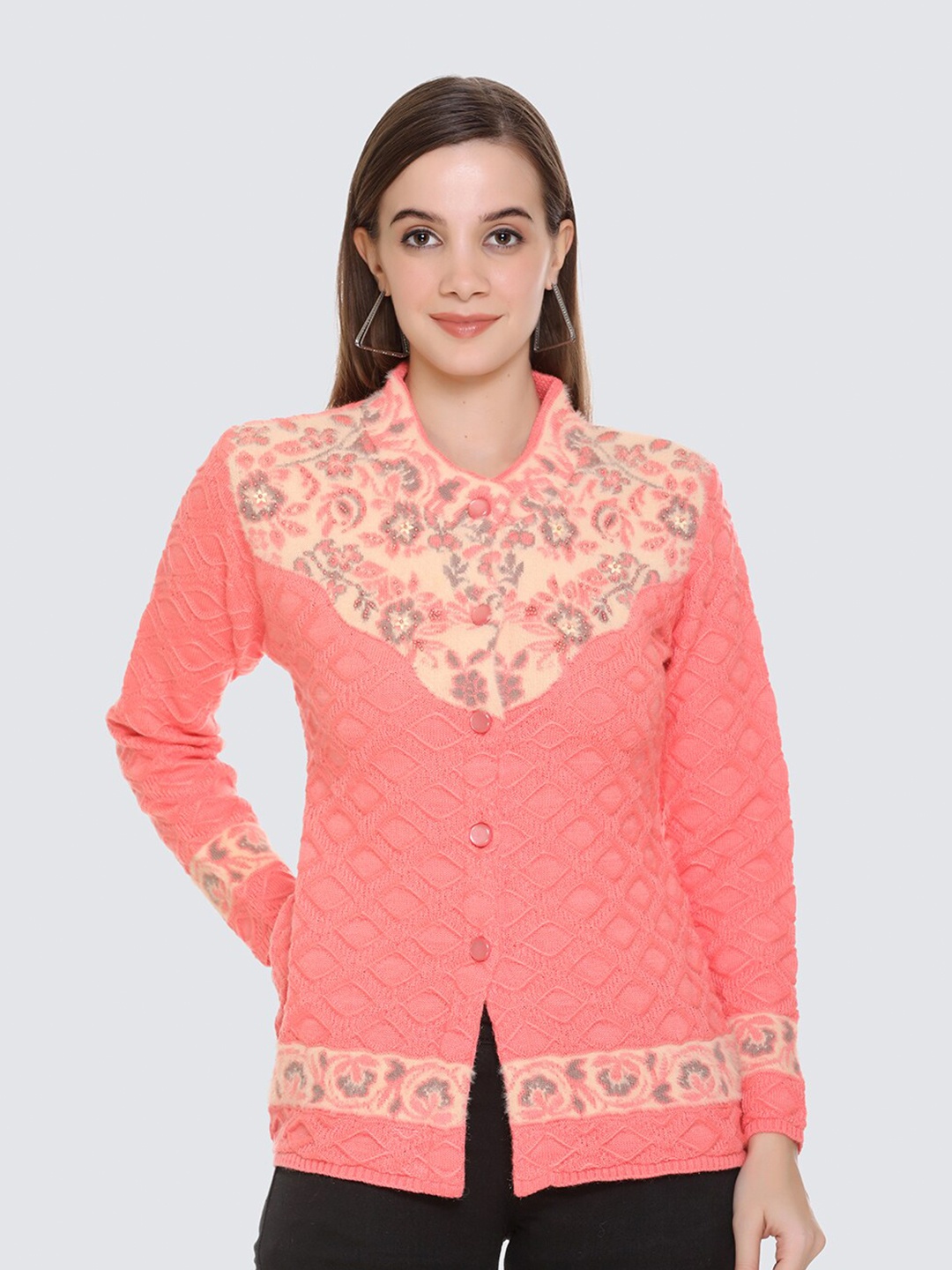 

Arshiya Women Pink & Beige Floral Open Front Cardigan