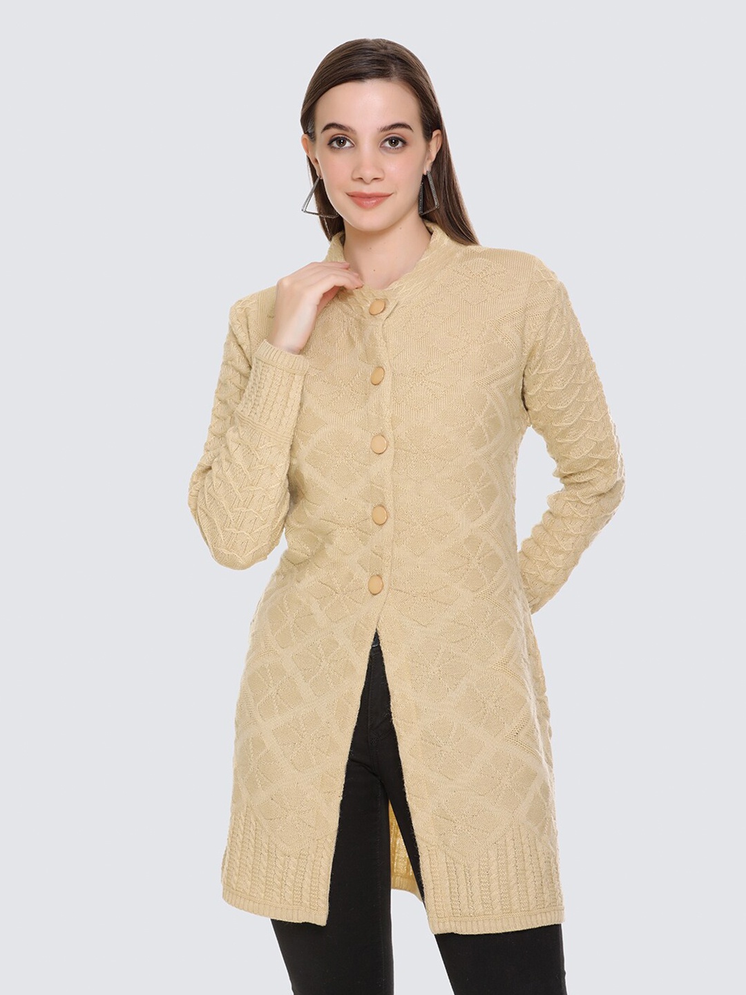 

Arshiya Women Camel Brown Open Front Cable Knit Longline Cardigan