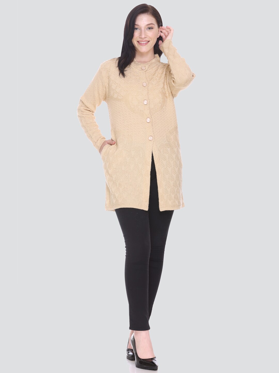 

Arshiya Women Beige Open Front Cable Knit Longline Cardigan