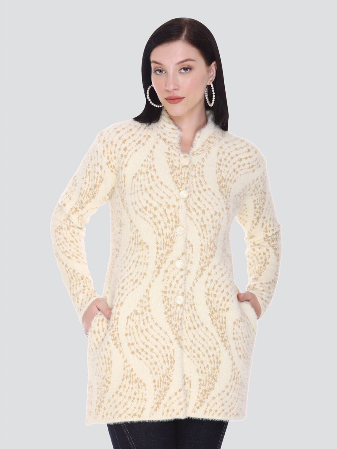 

Arshiya Women Cream-Coloured & Brown Open Front Longline Wool Cardigan with Fuzzy Detail