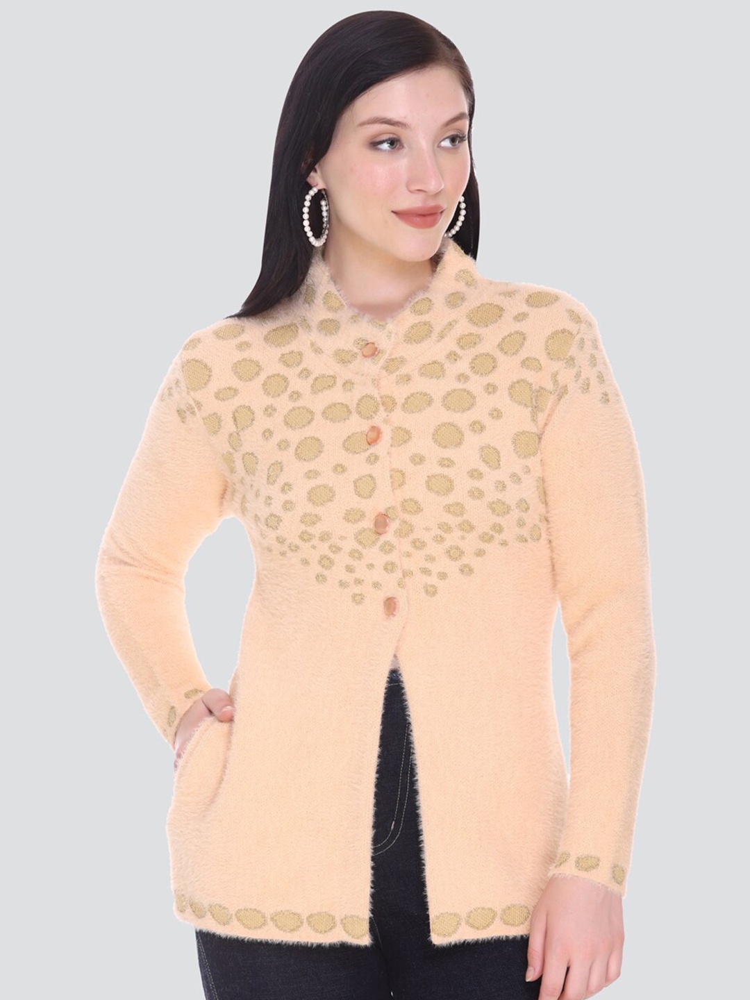 

Arshiya Women Orange & Beige Open Front Cardigan with Fuzzy Detail