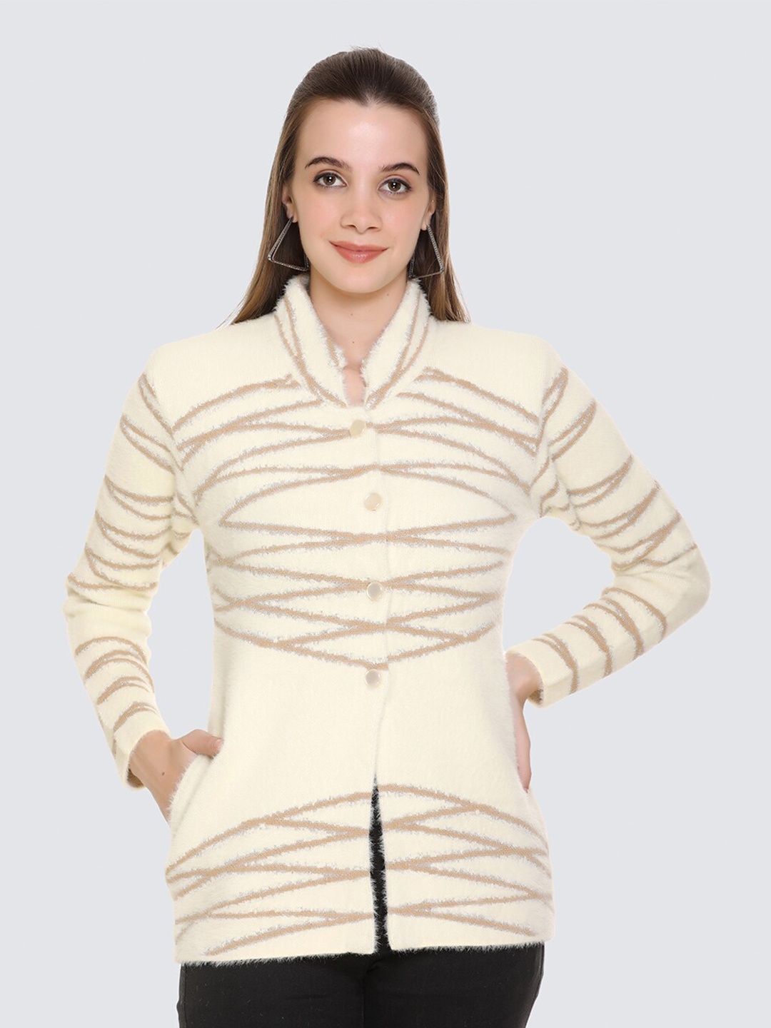 

Arshiya Women Cream-Coloured & Brown Striped Open Front Cardigan with Fuzzy Detail