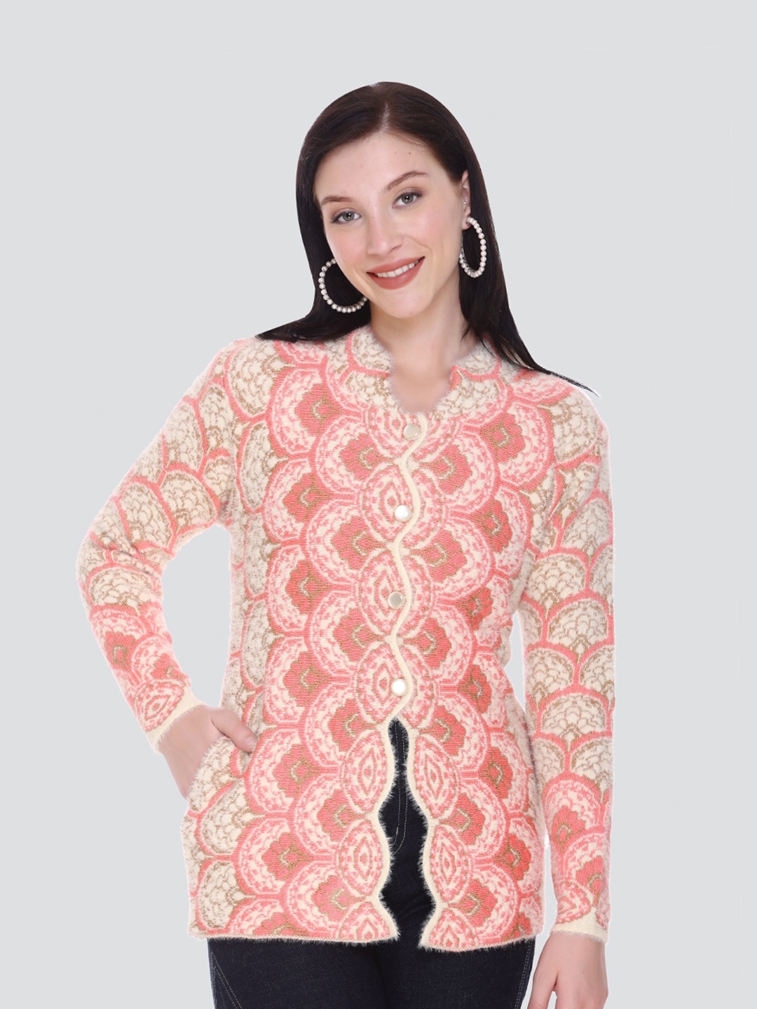 

Arshiya Women Cream-Coloured & Pink Floral Open Front Cardigan with Fuzzy Detail