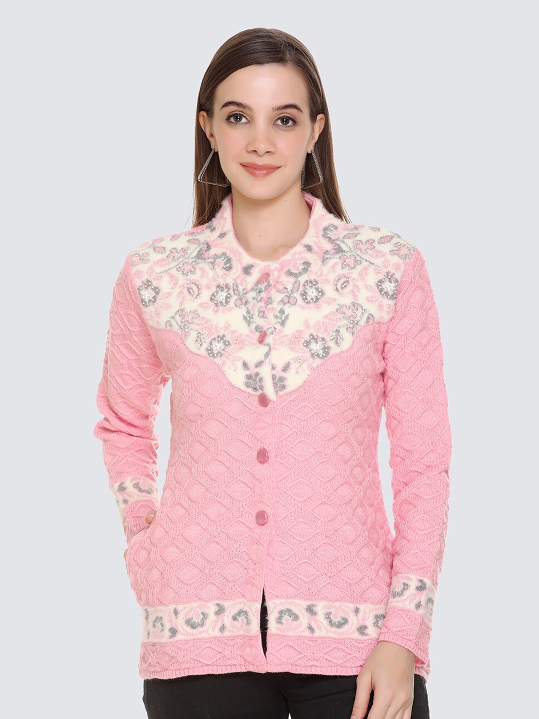 

Arshiya Women Pink & Off White Floral Open Front Cardigan