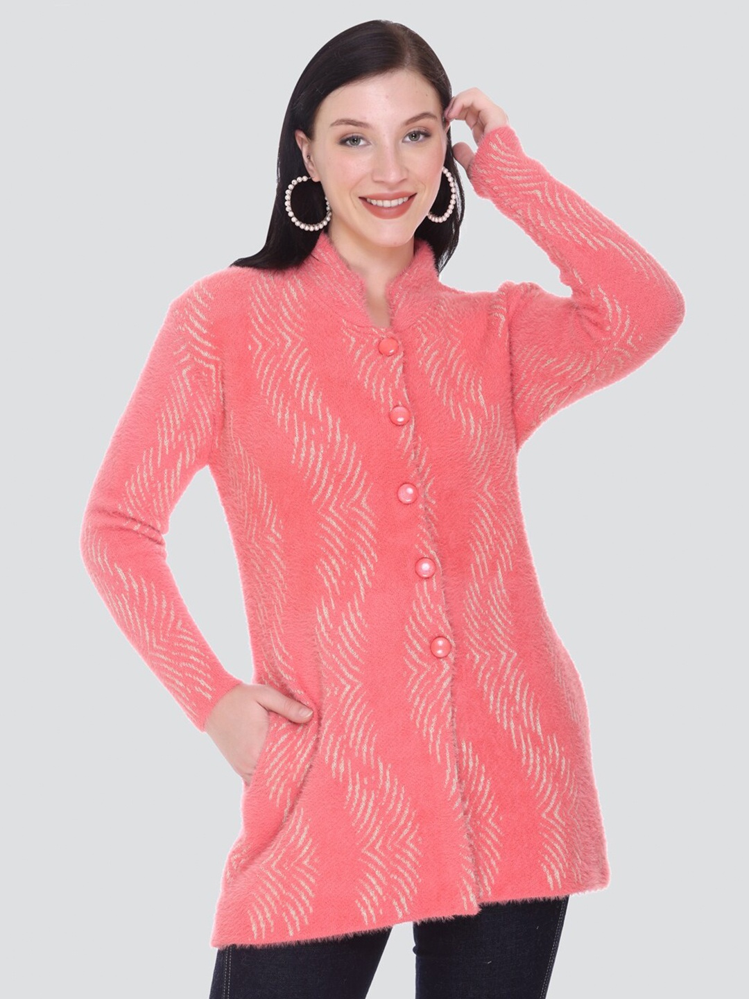 

Arshiya Women Coral & White Open Front Longline Cardigan with Fuzzy Detail