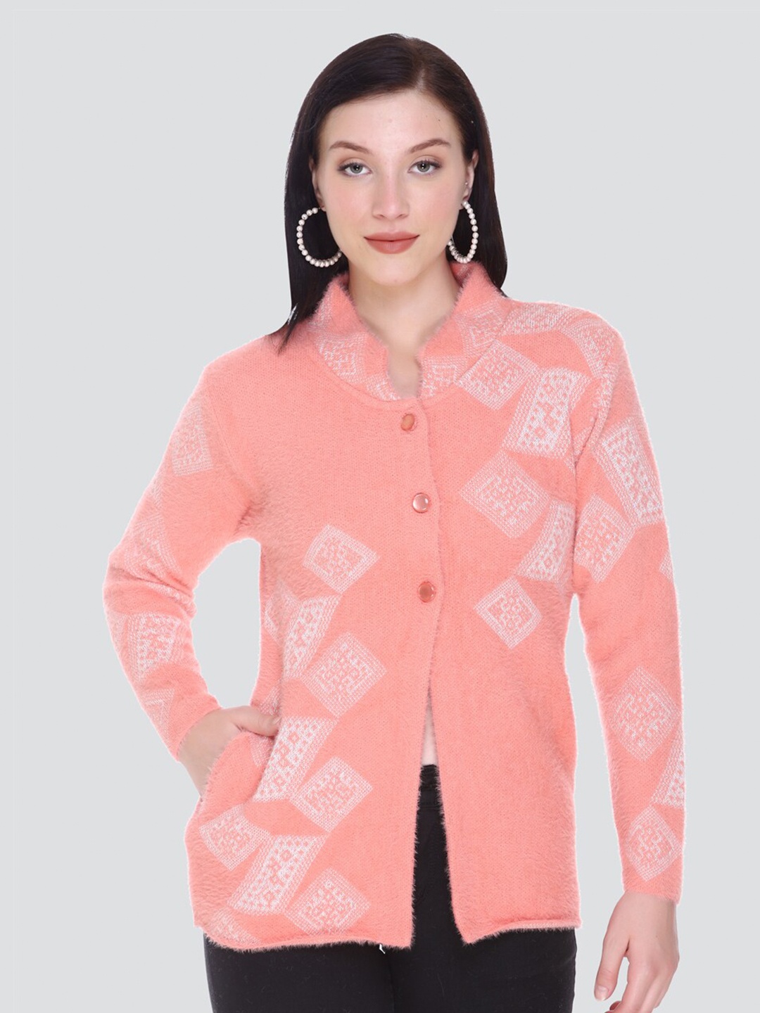 

Arshiya Women Peach-Coloured & Off White Open Front Cardigan with Fuzzy Detail