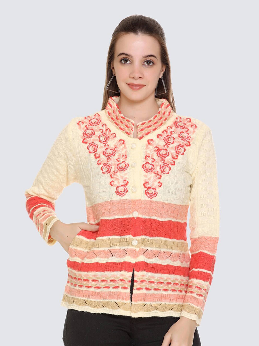

Arshiya Women Cream-Coloured & Red Floral Open Front Cardigan
